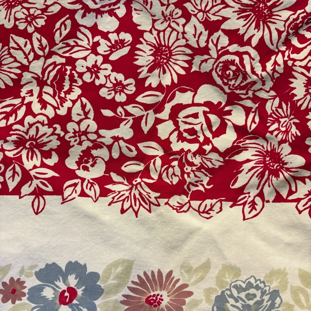 Vintage Mid Century Floral Tablecloth Red Blue 48x58 Cottagecore